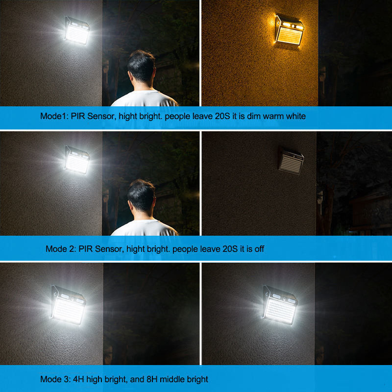 4 조명 모드 LED 태양광 외관 벽 창문 조명 운동 센서 IP65 보호